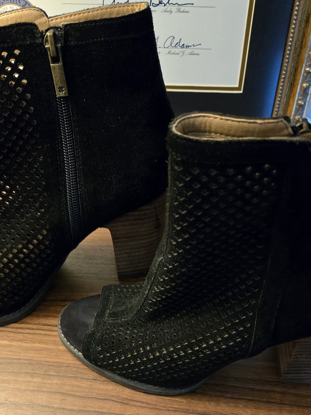 Lucky Brand Women’s Black Perforated Suede Ankle Bootie with Block Heel 8M